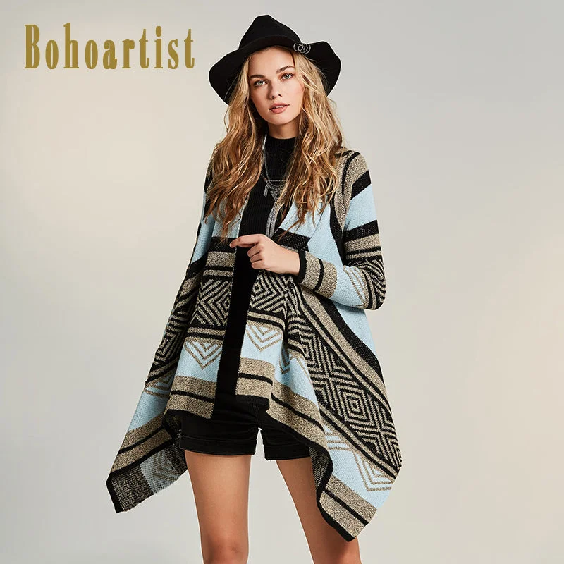 Autumn Winter Warm Poncho Shawls Geometric Vintage Blanket Women's Lady Knit Shawl Cape  Gray Blue Stripe Patchwork Long Sleeve Trendy Boho Style Shawl