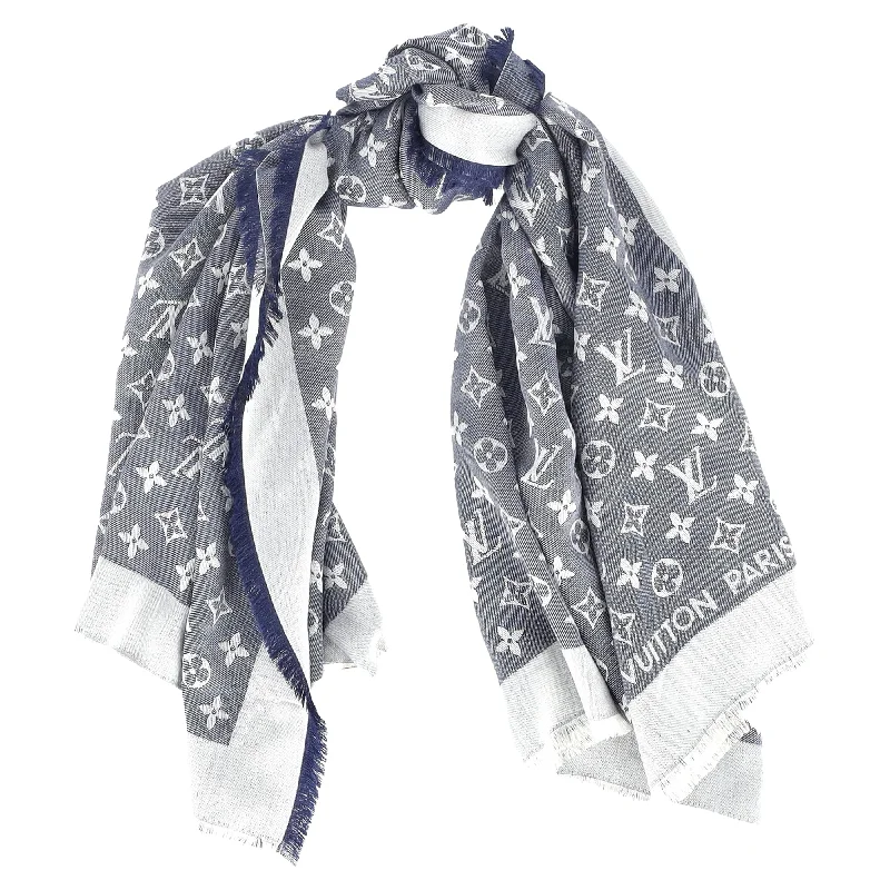 Louis Vuitton Monogram Denim Shawl Scarf in Blue Silk/Wool Blend Trendy Embroidered Shawl Wrap