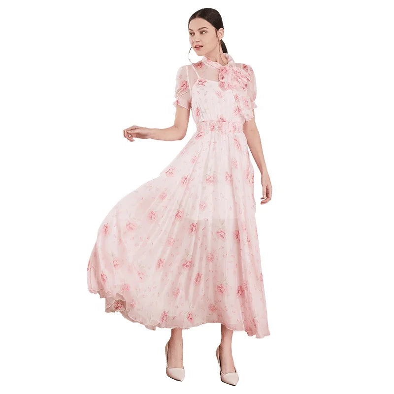 مجموعة اروين arwen &ajh group New Fashion Ladies Custom Brand Clothing Soft Silky Long Korean Style Floral Printing Women Summer Dresses Tunics Ceremony elegant