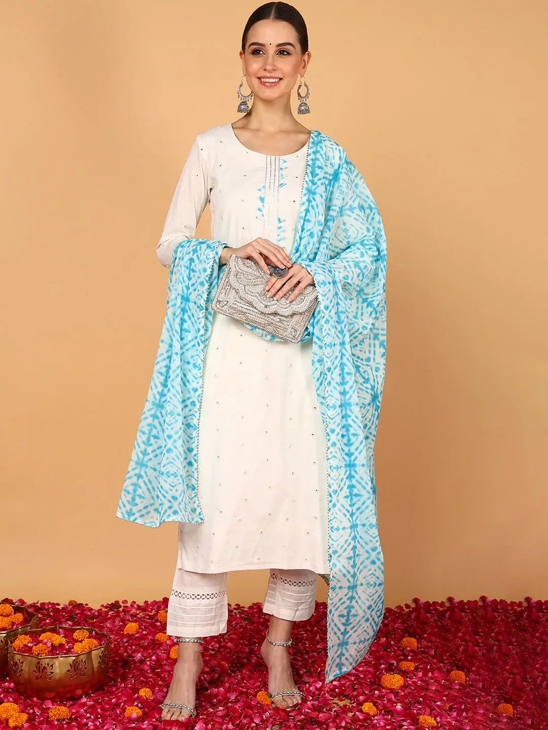 Ahika Women White Pure Cotton Solid Embroidered Straight Kurta Trouser With Dupatta-VKSKD1995_XS Trousers Bootcut Casual