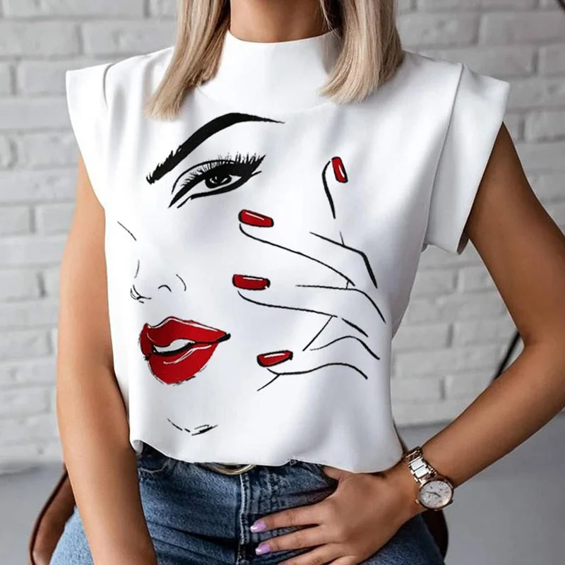 Women Elegant Lips Print blouse shirts 2020 Summer Casual Stand Neck Pullovers tops Ladies Fashion cute Eye Short Sleeve Blusa Crew Neck Wool