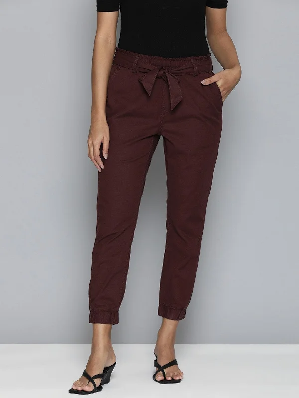 Women's Mid Rise Maroon Baggy Fit Trousers Trousers Lace Delicate