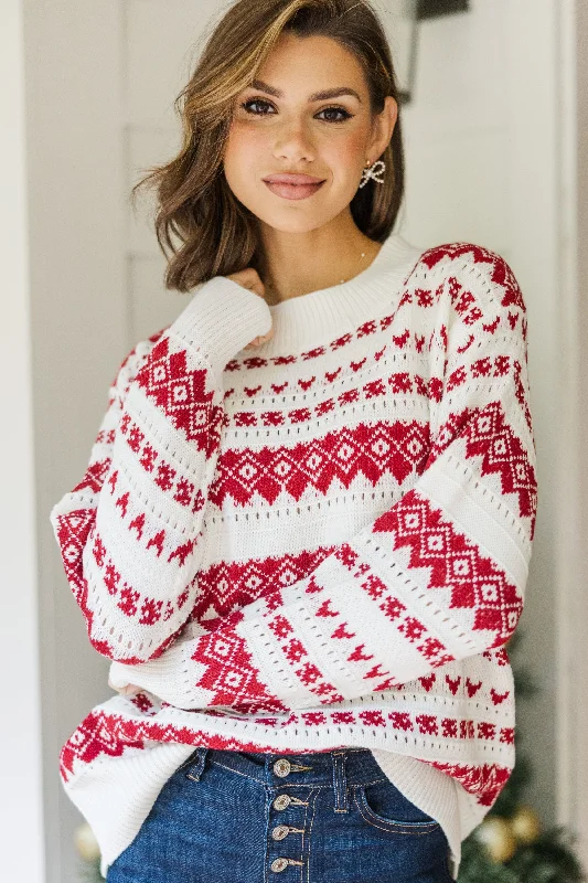 Holiday Happiness Ivory & Red Nordic Print Sweater Graphic Sweater Embroidered Appliqued