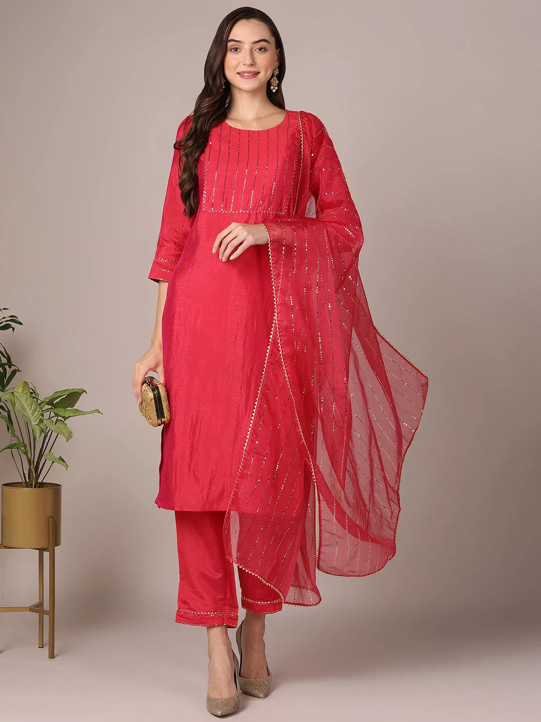 Ahika Women Fuchsia Poly Chanderi Solid Yoke Design Straight Kurta Trouser With Dupatta Cropped Trousers Casual Linen