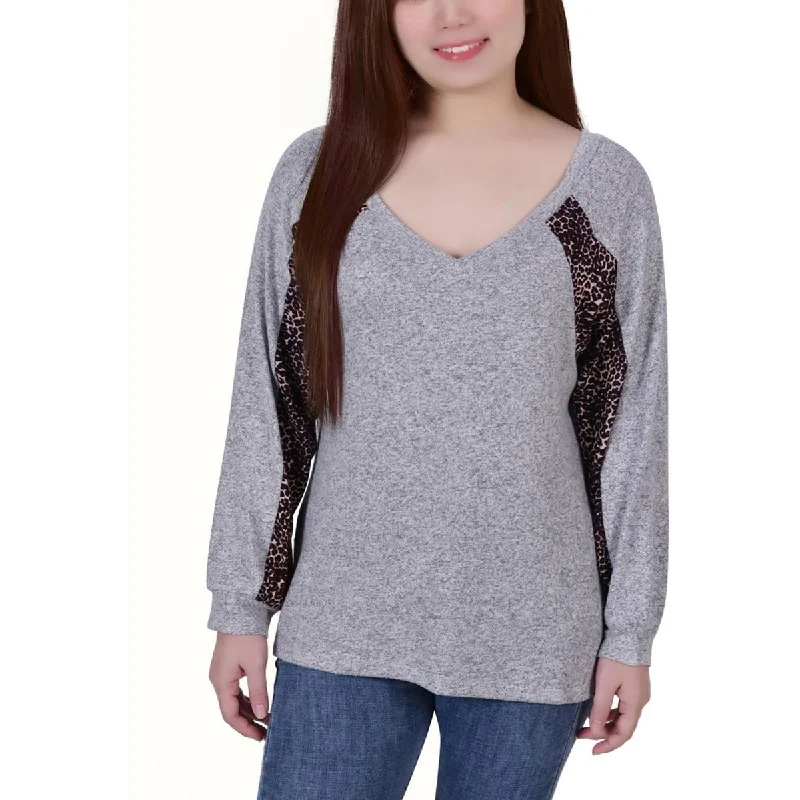 Petites Womens Lightweight Split Hem Pullover Top Textured Knit Design