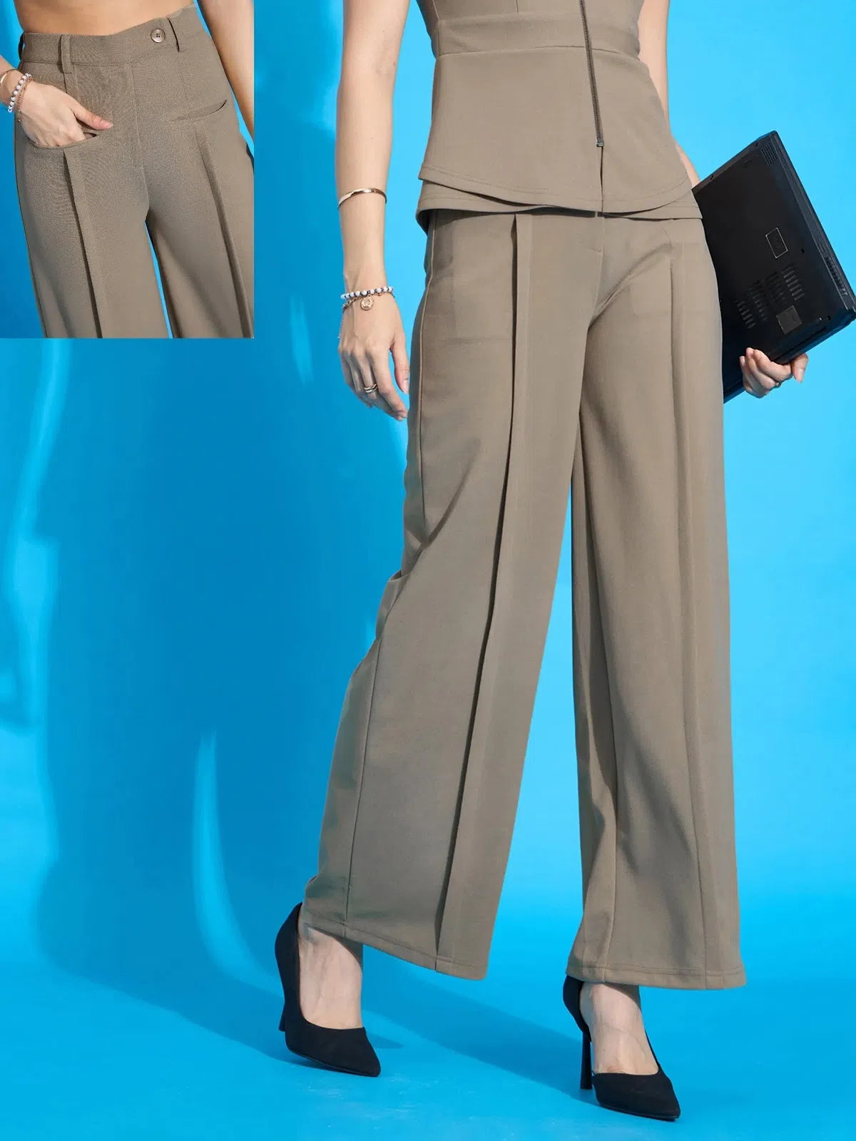 Women Beige Front Pleated Straight Fit Trousers Trousers Travel Practical