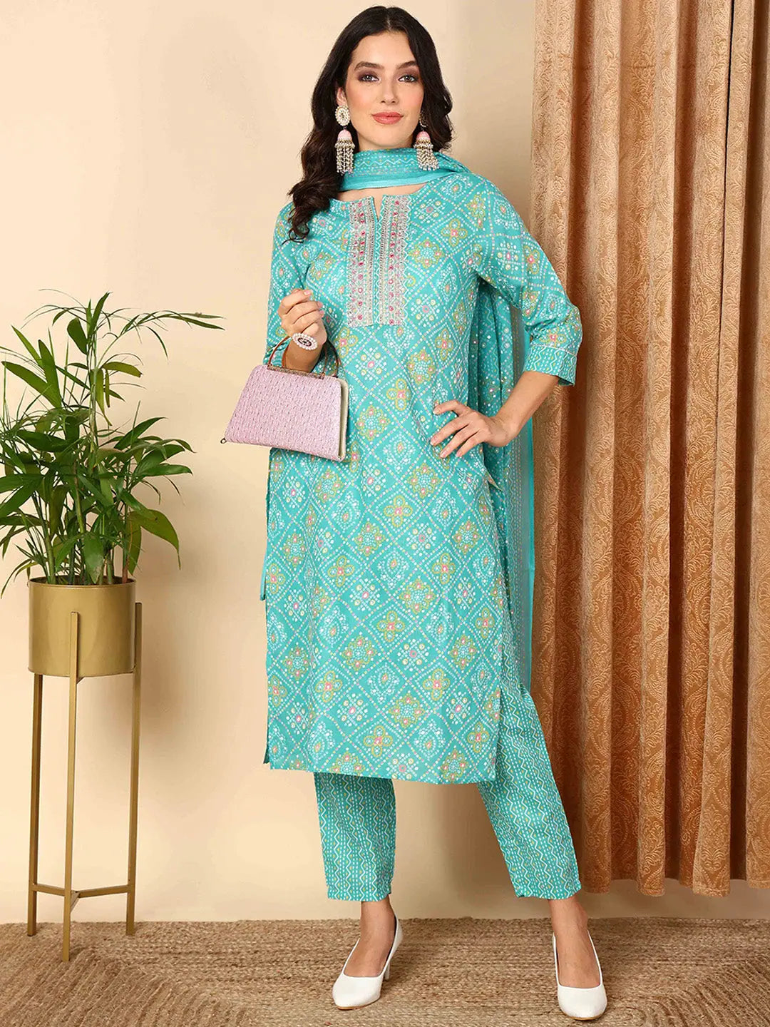 Ahika Women Turquoise Blue Poly Cotton Bandhani Printed Straight Kurta Trouser With Dupatta Trousers Handmade Artisanal