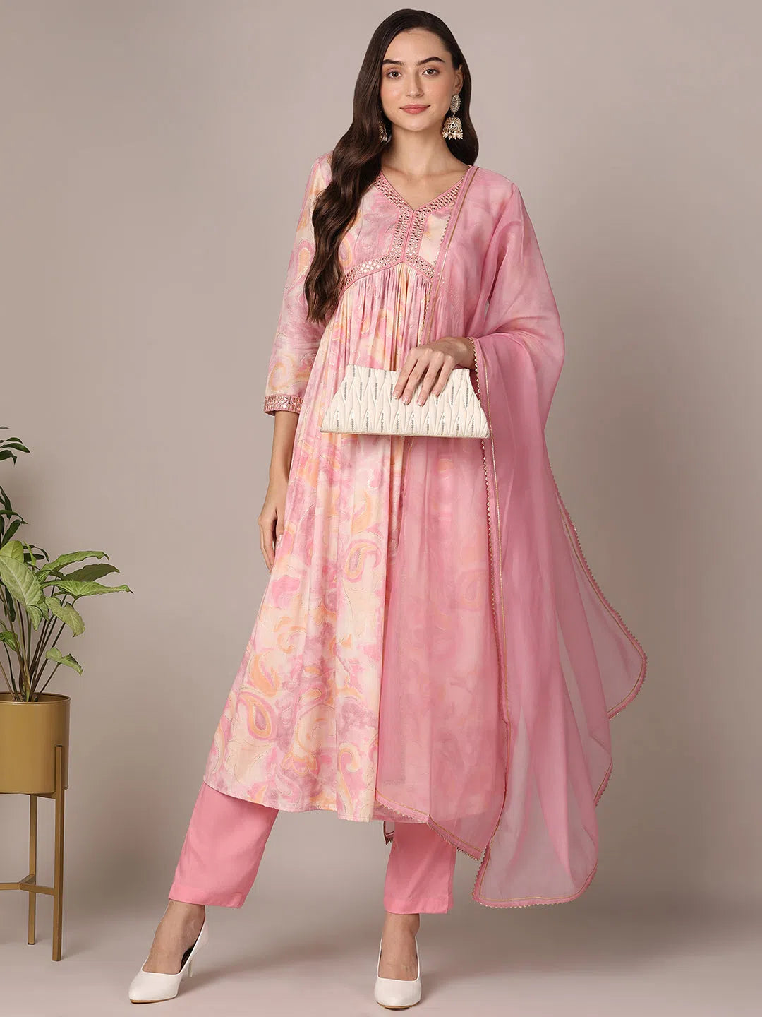 Ahika Women Pink Silk Blend Ombre Mirror Work Anarkali Kurta Trouser With Dupatta Trousers stylish elegant