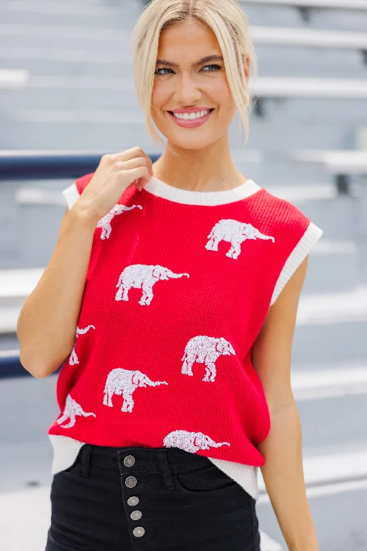 Pack A Punch Red Sequin Elephant Sleeveless Sweater High Neck Crew Neck V-Neck