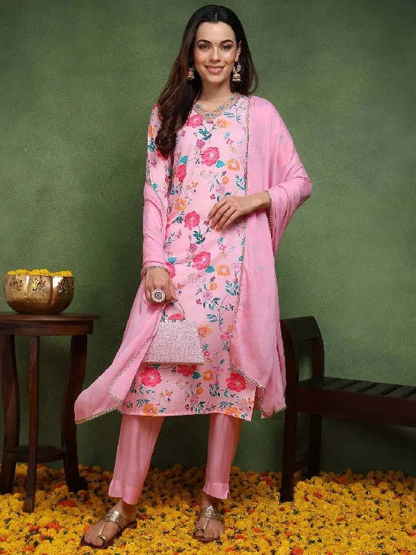 Ahika Women Pink Cotton Blend Floral Printed Straight Kurta Trouser With Dupatta-PKSKD2510PNK_XS Trousers Solid Black