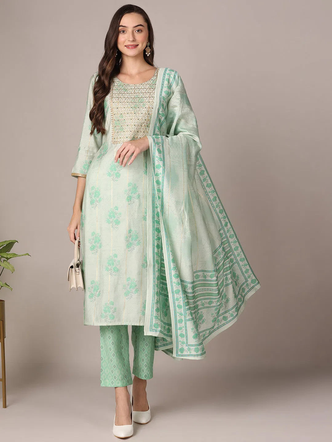 Ahika Women Sea Green Silk Blend Floral Yoke Design Straight Kurta Trouser With Dupatta Chinos Cotton Straight Leg