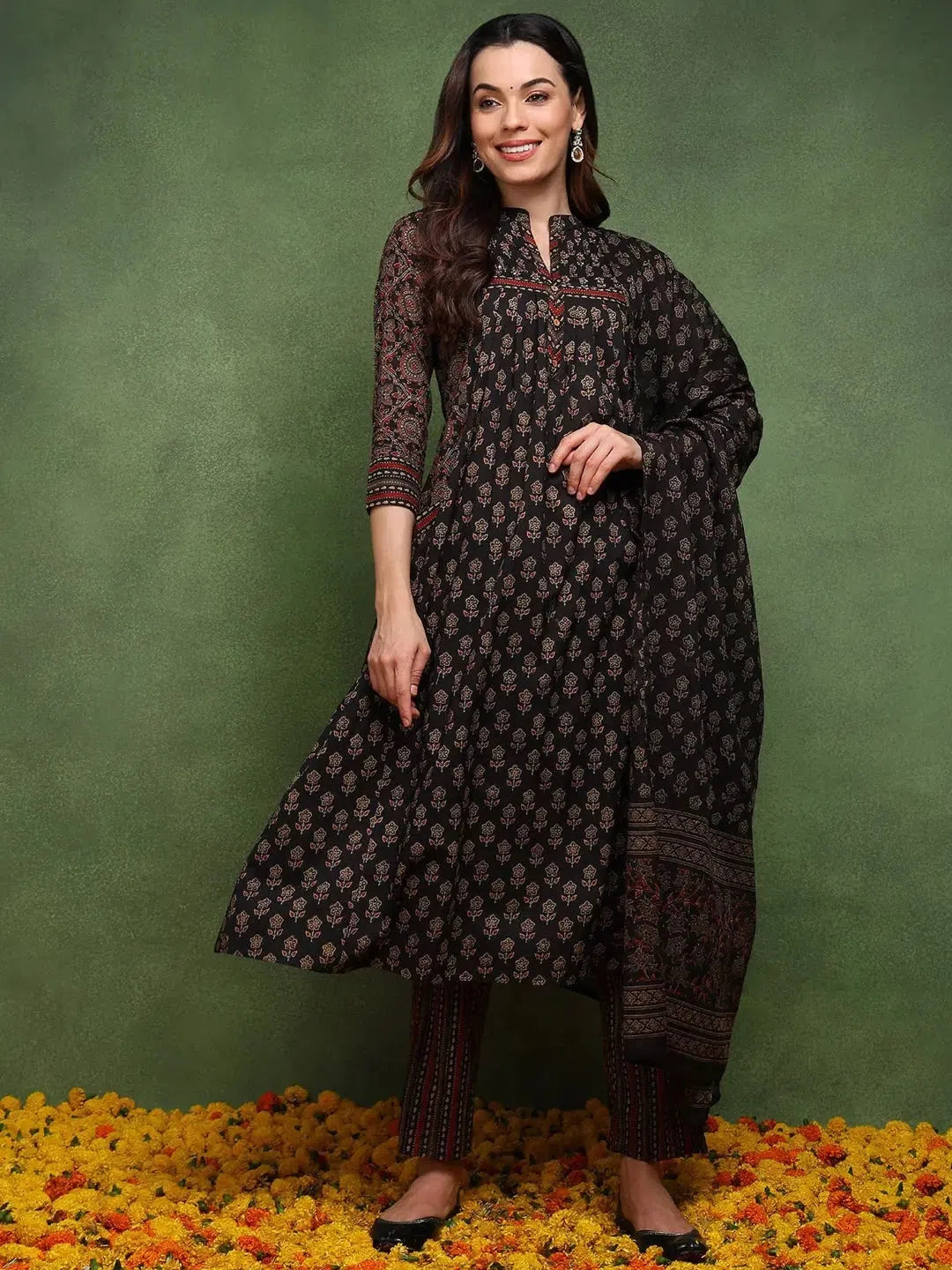 Ahika Women Brown Pure Cotton Ethnic Motifs Printed A-Line Kurta Trouser With Dupatta Trousers Evening Elegant