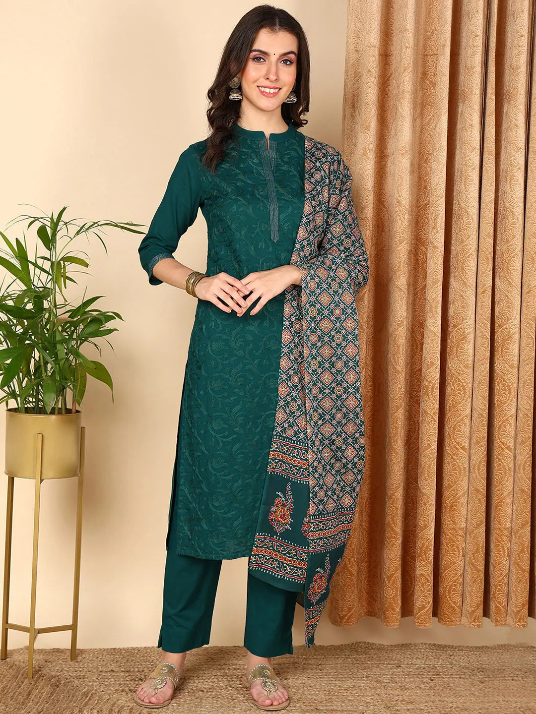 Ahika Women Teal Pure Cotton Solid Embroidered Kurta Trouser With Dupatta Trousers Evening Elegant