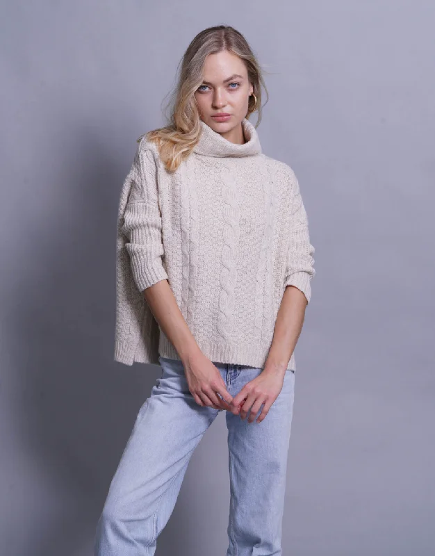 Handknitted Chunky Cable Pullover in Soft Beige Ruffle Neck Pullover