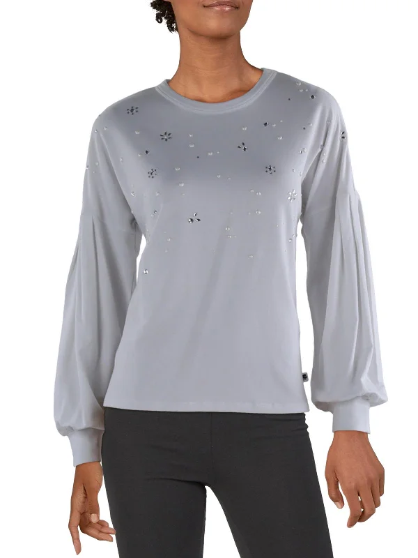 Womens Embellished Crewneck Pullover Top Cap Sleeve Casual