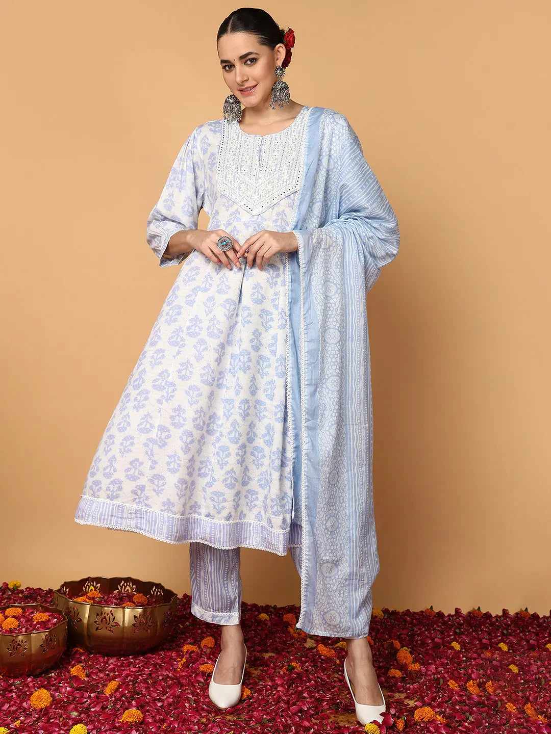 Ahika Women Blue Viscose Rayon Ethnic Motifs Printed Flared Kurta Trouser With Dupatta Trousers Fleece Cozy