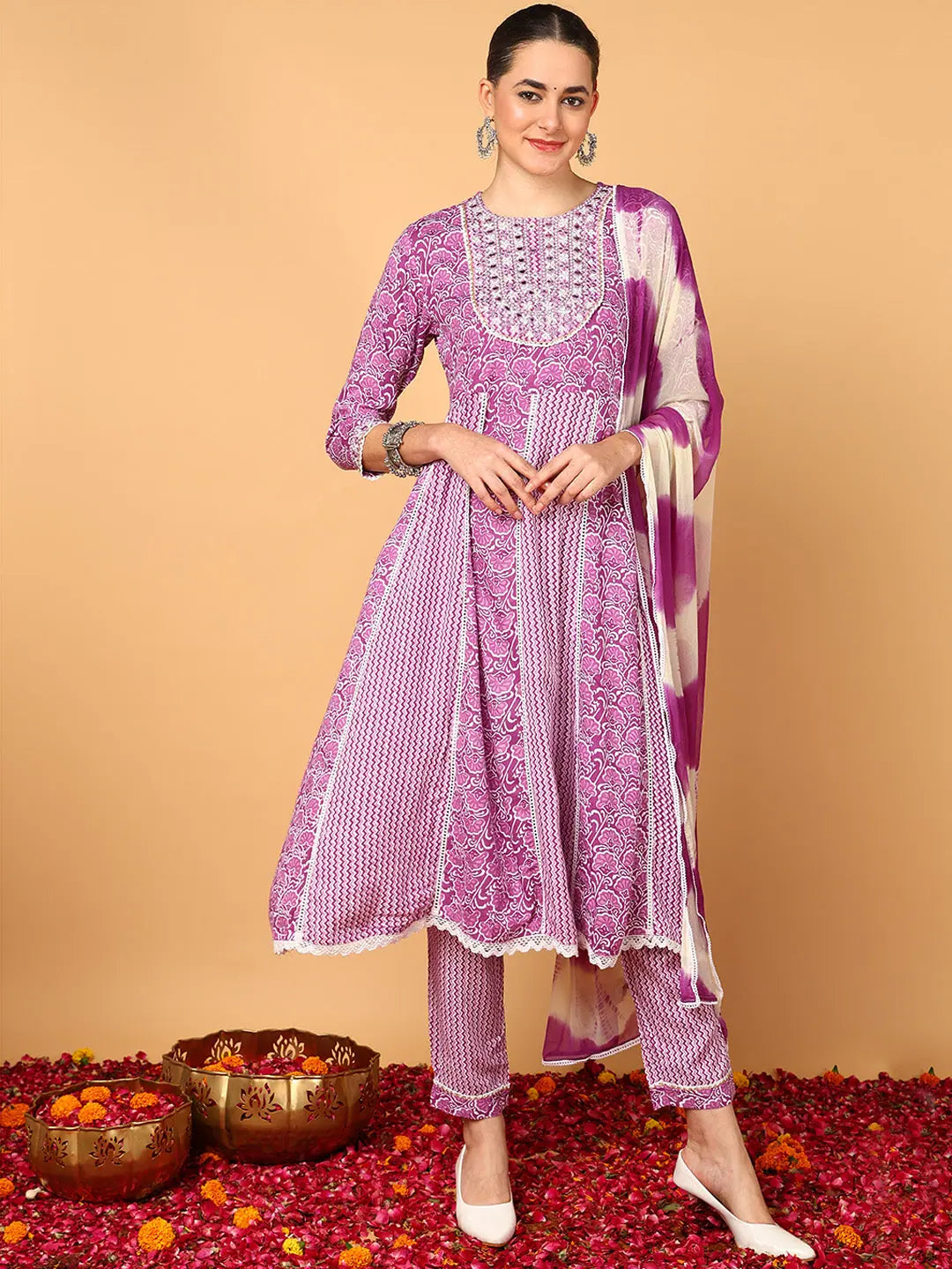 Ahika Women Purple Viscose Rayon Ethnic Motifs Yoke Design Flared Kurta Trouser With Dupatta Trousers Leisure Comfortable