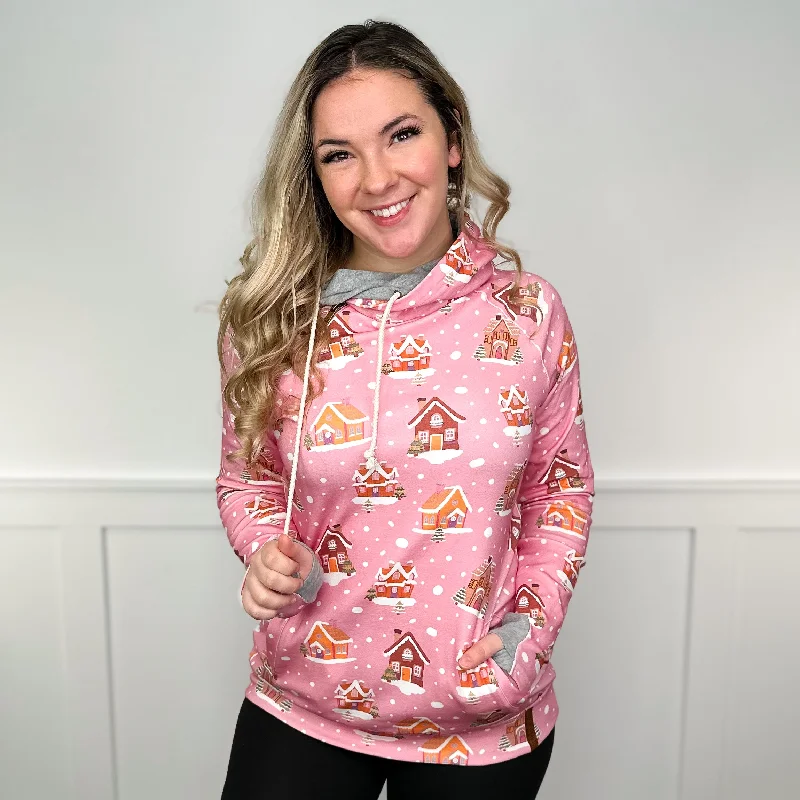 Ampersand Avenue Warm Wishes Cotton Blend Long Sleeve Pink Double Hooded Sweatshirt Hoodie with Side Slits Relaxed Casual