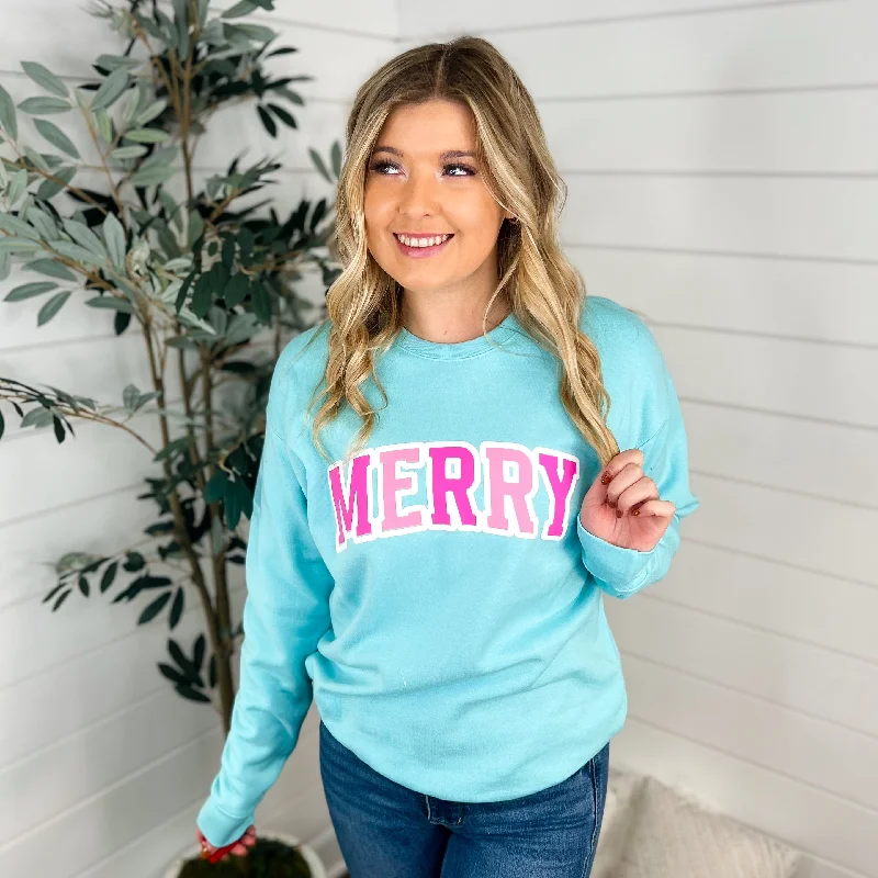 Oh So Merry Cotton Blend Long Sleeve Blue Avery Mae Graphic Crewneck Sweatshirt Hoodie with Hem Fringe Bohemian Relaxed