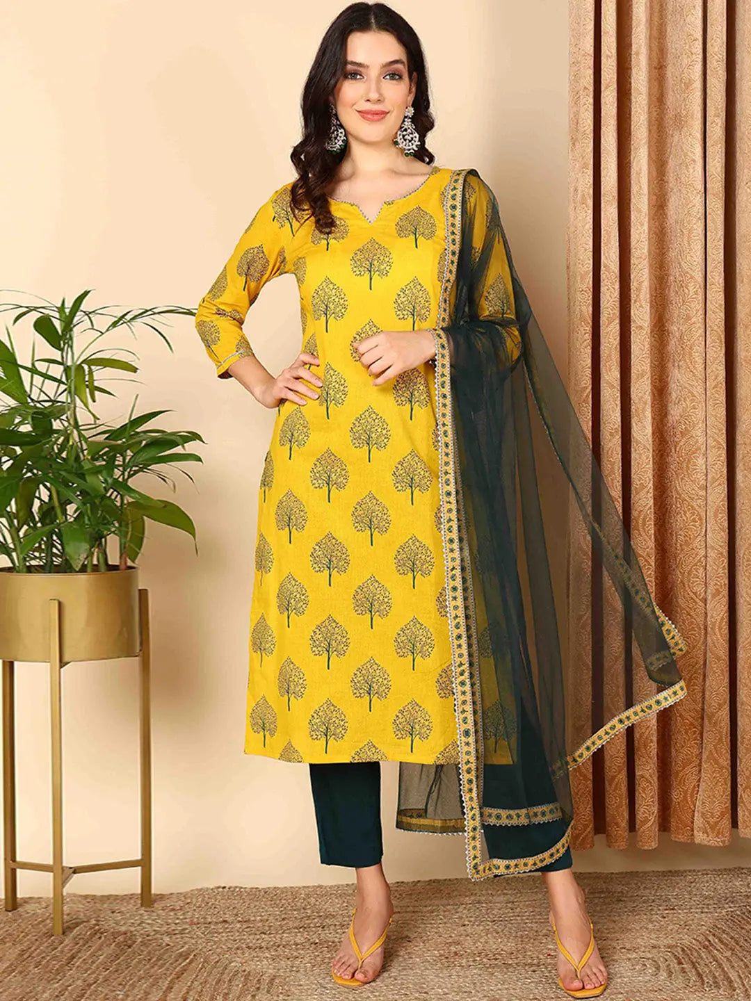 Ahika Women Yellow Pure Cotton Ethnic Motifs Printed Straight Kurta Trouser With Dupatta Trousers Summer Linen