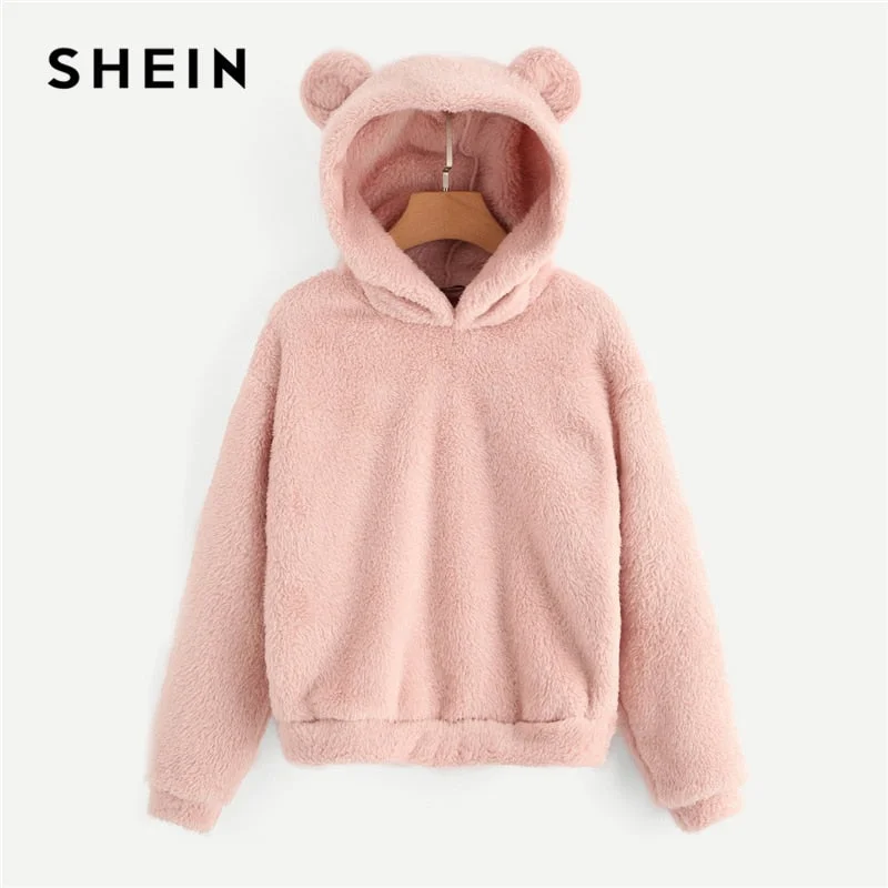 SHEIN Preppy Lovely With Bears Ears Solid Teddy Hoodie Pullovers Sweatshirt Autumn Women Campus Casual Sweatshirts Wrist Length Sleeve