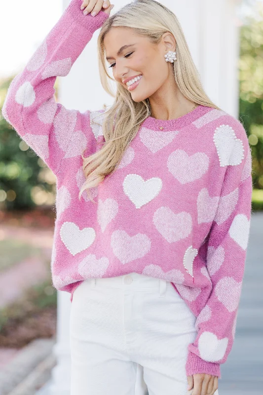 Feeling The Love Pink Heart Pearl Detailed Sweater Faux Fur Fabric Real Fur Fabric Shearling Fabric