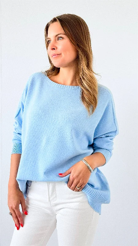 Chic Cozy Italian Sweater- Sky Blue Print Jacquard Patchwork