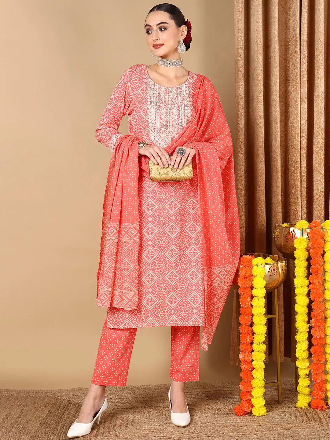 Ahika Women Peach Bandhani Printed Kurta Trouser With Dupatta Trousers Occasion Special