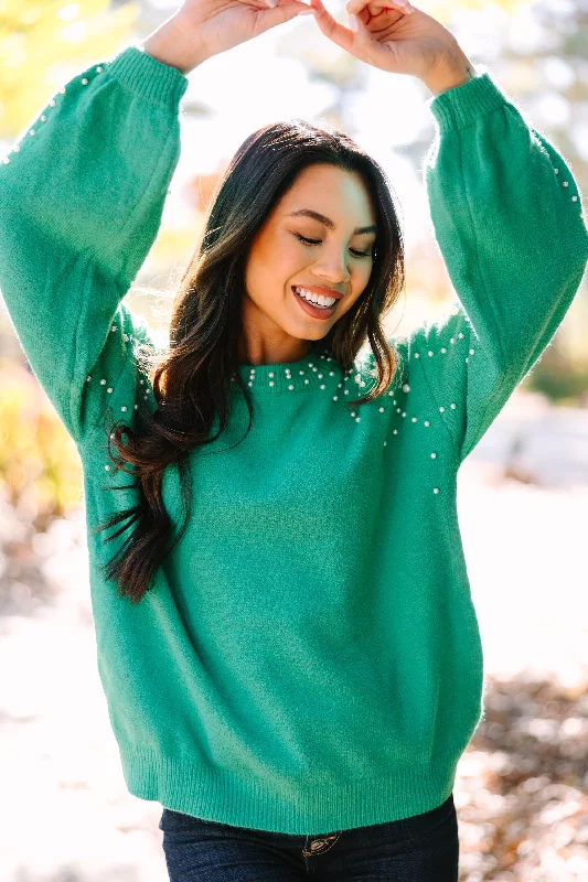 Can't Help But Love Green Pearl Studded Sweater Lace Blend Ribbed Blend Corduroy Blend