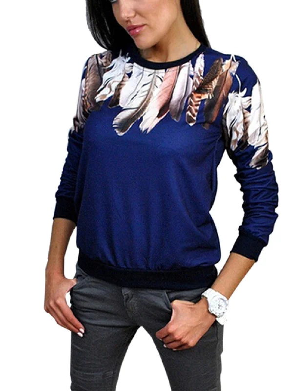 Print Three Quarter Women Shirt Crewneck Pullover Jumper Outwear Blouse Top Tracksuit Blue White Black 3 Color Shirred Sleeve Feminine