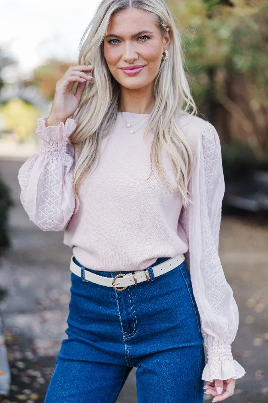 All So Feminine Blush Pink Lace Sweater Zippered Buttoned Snapped