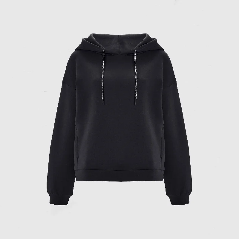 Black Embossed Luxe Minimal Hoodie Hoodie with Hem Embroidery Detailed Premium