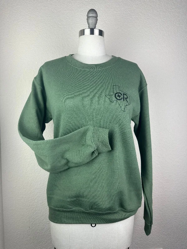 CR Texas Crew Neck Sweatshirt- Olive Hoodie with Hem Patch Decorative Personalized