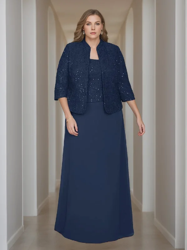 Sheath/Column 2 Pieces Square Neck 3/4 Length Sleeves Floor-Length Mother of the Bride Dresses with Jacket, Lace & Sequins Wool Jacket Cashmere Jacket Tweed Jacket
