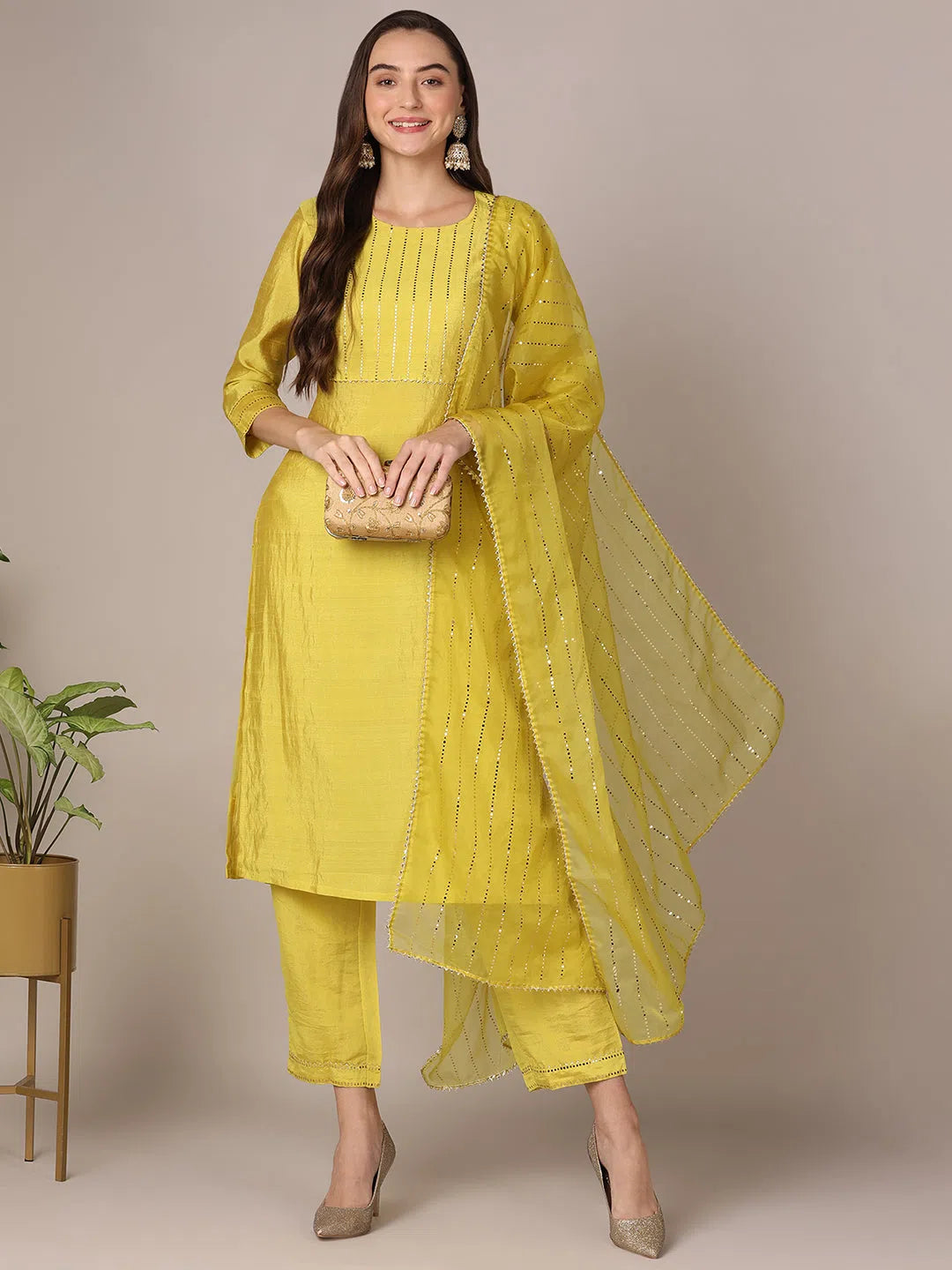 Ahika Women Yellow Poly Chanderi Solid Yoke Design Straight Kurta Trouser With Dupatta High Waist Slim Fit Ankle Length