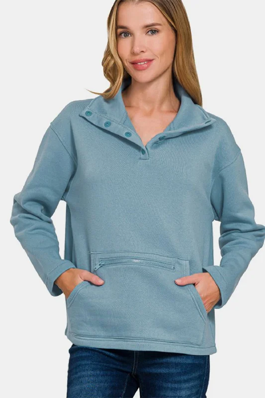 Zenana Turtleneck Half Snap Fleece Sweatshirt In Blue Hoodie with Button Classic Timeless