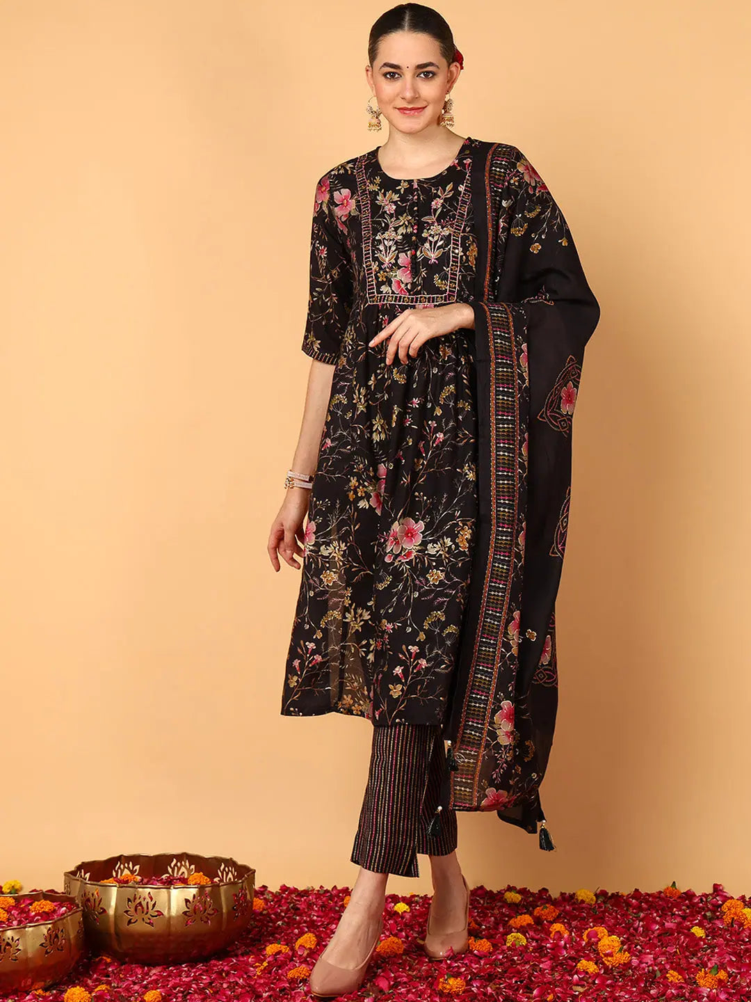 Ahika Women Black Poly Chanderi Floral Printed Flared Kurta Trouser With Dupatta Trousers Silk Elegant