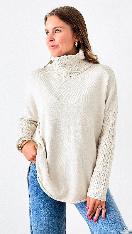 Cable Turtleneck Italian Sweater- Oyster Toggled Drawstring Belted