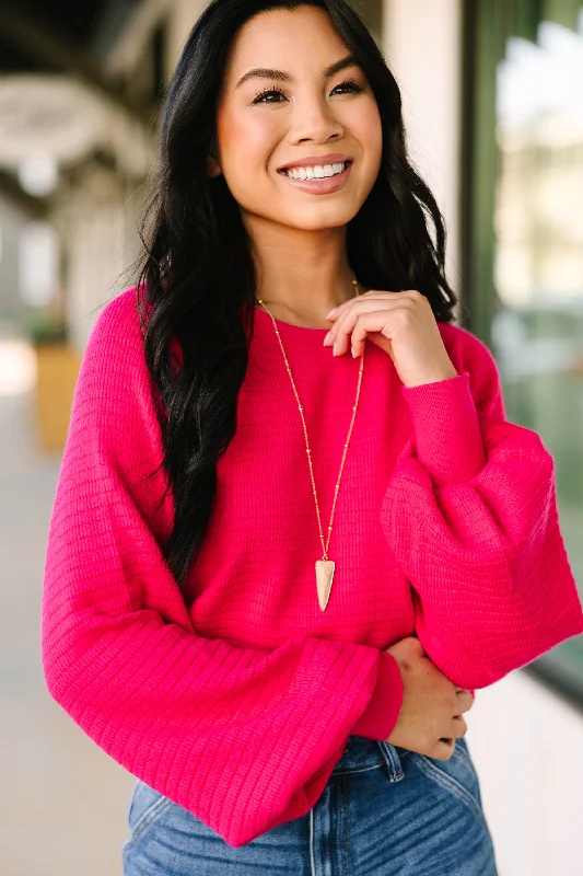 In The Works Fuchsia Pink Ribbed Sweater Bright Pastel Dark