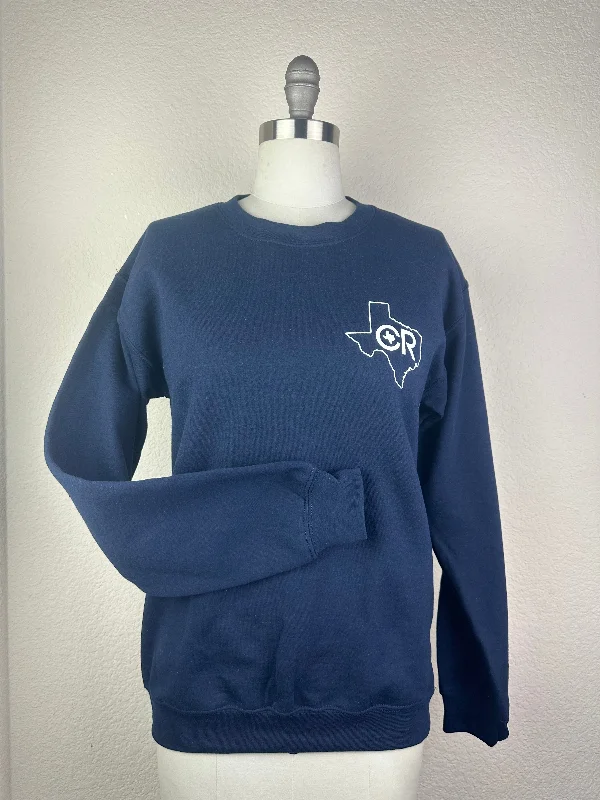 CR Texas Crew Neck Sweatshirt- Navy Hoodie with Hem Applique Textured Unique