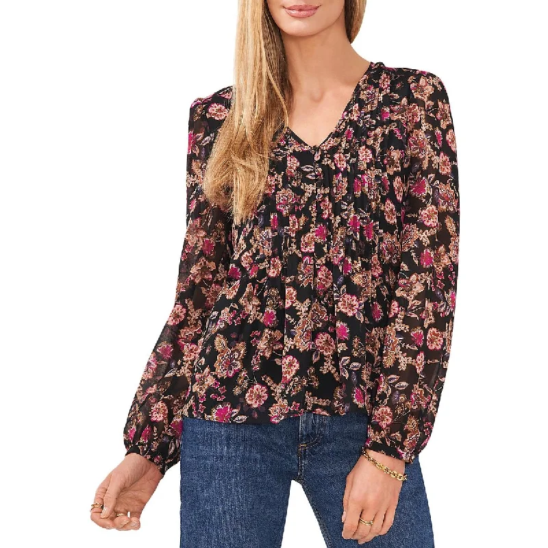 Womens Floral Neck Pleated Pullover Top Ribbed Crew Neck