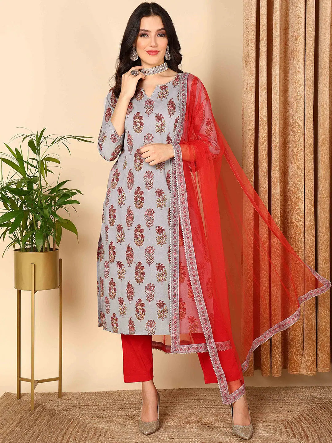 Ahika Women Grey Pure Cotton Floral Printed Straight Kurta Trouser With Dupatta Trousers Brand Named