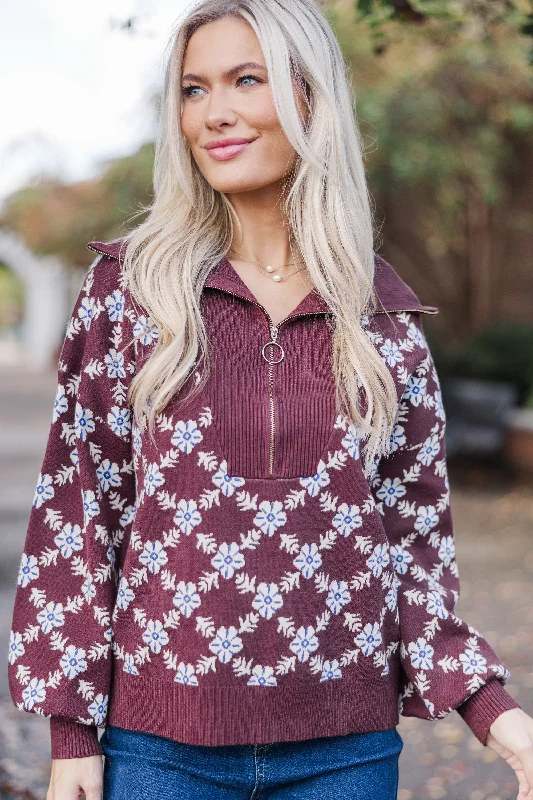 Stay Together Brown Floral Half Zip Sweater Toggled Drawstring Belted