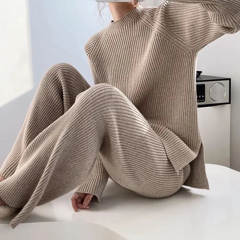 New autumn fashion split sweater set thickened knitted wide-leg pants two-piece women S4396924 Houndstooth Herringbone Solid