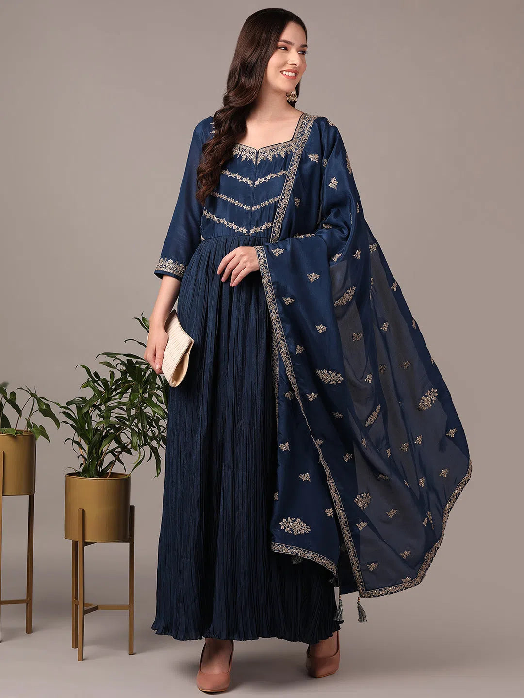 Ahika Women Navy Blue Silk Blend Solid Embroidered Zari Anarkali Kurta Trouser With Dupatta Trousers chic elegant