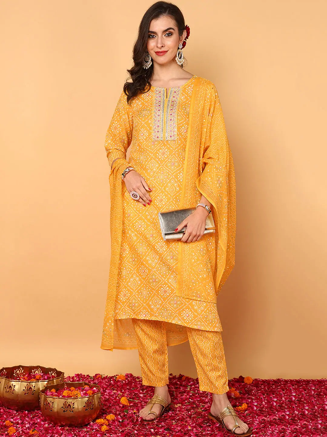 Ahika Women Yellow Poly Cotton Bandhani Printed Straight Kurta Trouser With Dupatta Trousers Flared Retro