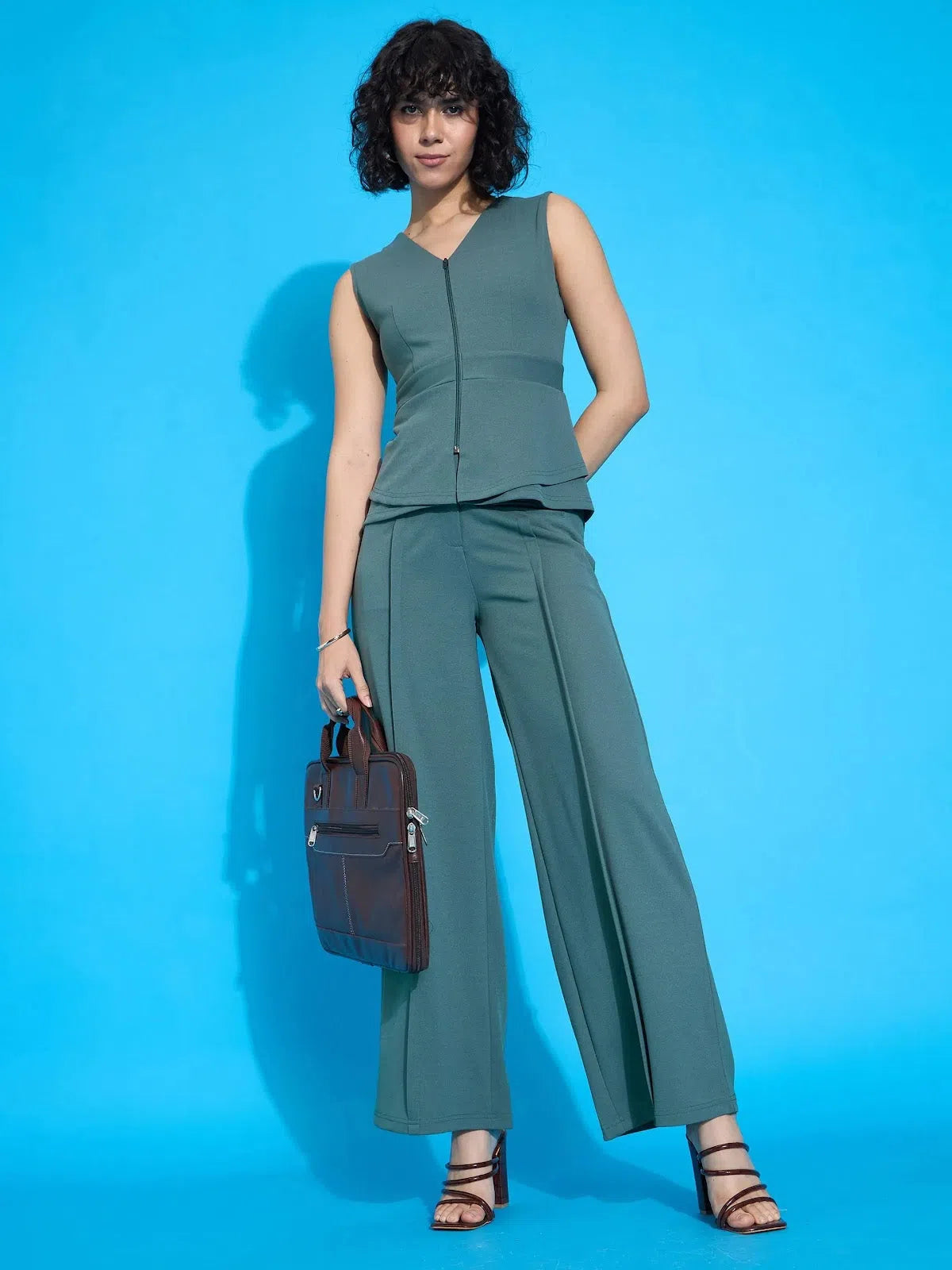 Women Green Front Pleated Straight Fit Trousers Trousers Leisure Comfortable