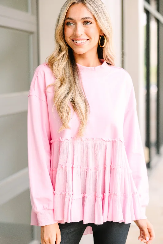 Lots Of Love Light Pink Ruffled Sweater Zippered Buttoned Snapped