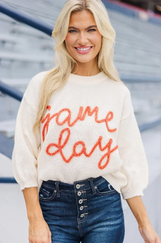 It's Game Day Ivory/Orange Puff Sleeve Sweater Terry Terry Cloth Terry Knit