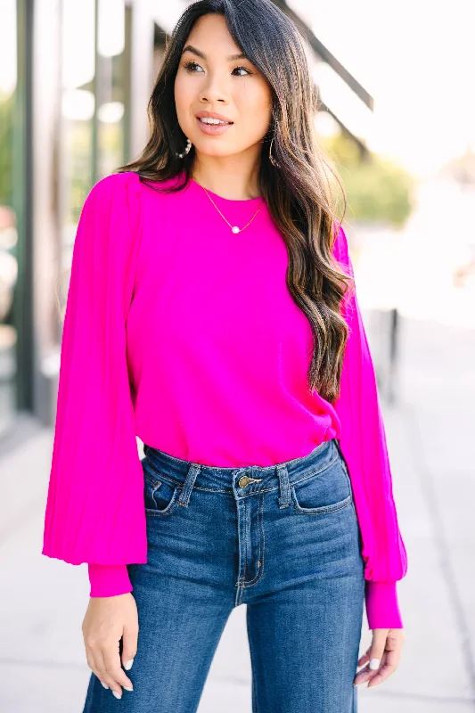 Earned Adoration Fuchsia Pink Bubble Sleeve Sweater Collared Crew Neck Turtle Neck